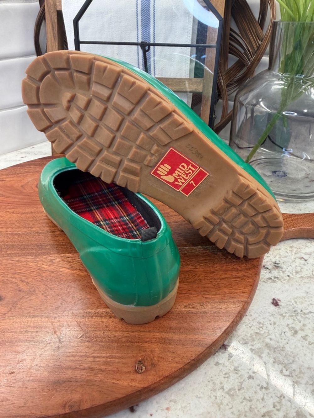 Mid West Green Slip On Rubber Garden Rain Shoes Clogs sz 7 Plaid insoles - Picture 6 of 6